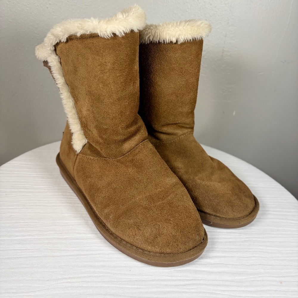 Minnetonka Womens Tan Leather Faux Fur Lined Mid Calf Winter Boots 85711 Size 8